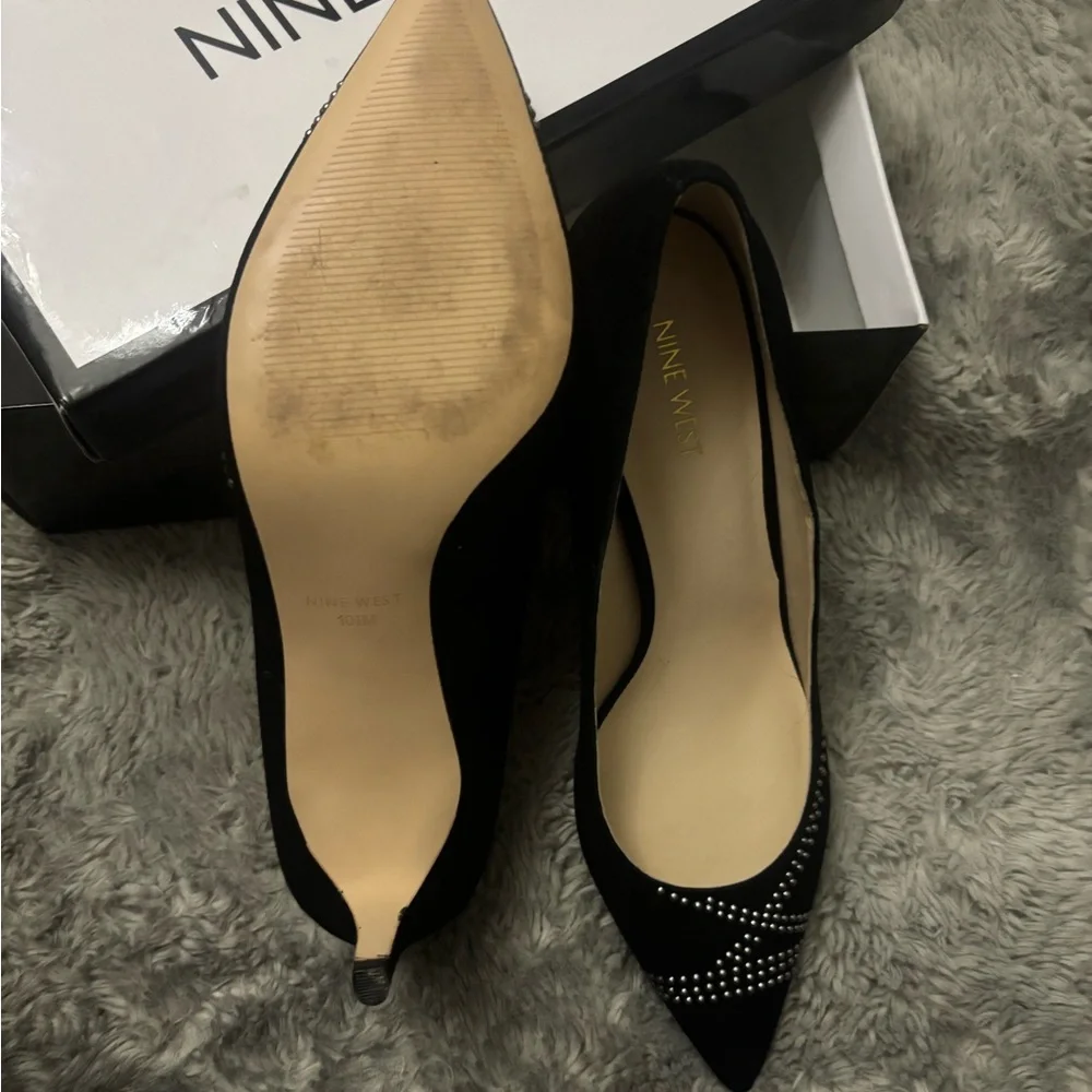 Nine West Black Pointed-Toe Flats with Stud Accent